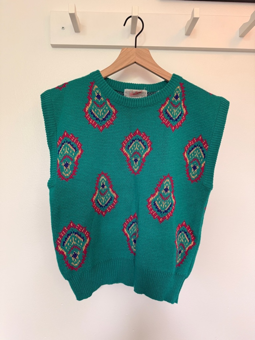 Vintage Sweater Vest - Teal With Multicolored Pink Paisleys- Size M
